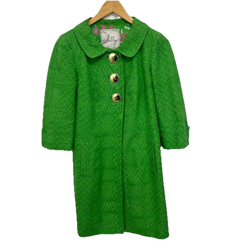 Milly Women Apple Green Textured Cotton Overcoat Gold Buttons 3/4 Sleeve Size 2